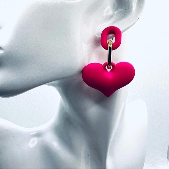 Hot Pink Heart and Chain Detail Drop Statement Earrings Feminine Chunky Barbie - Picture 5 of 11